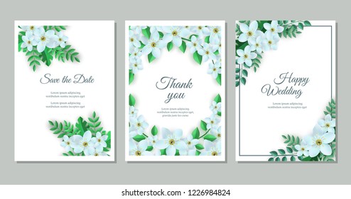 Vector illustration set of elegant floral cards for wedding invitation, congratulation or gratitude with romantic compositions of light flowers and green leaves on white background.