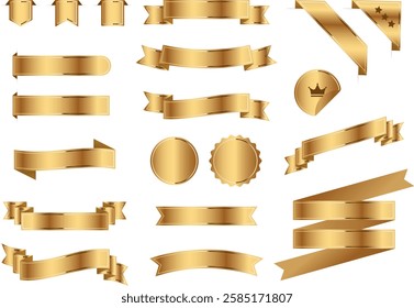 Vector illustration set of elegant gold ribbon banners and labels. Shiny metalic badges for premium products, luxury advertising, awards, and promotions. Blank space for custom text or logo.