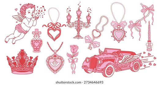 Vector illustration Set, Elegant Valentine Design Elements For Romantic Graphics And Promotions. Vector illustration set featuring retro car, pendants, necklace, cupid, rose, love potion, candles and crown. Elegant Valentine design elements for romantic graphics and promotions.