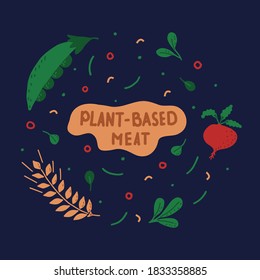 Vector illustration with a set of elements laid out in the form of a circle, illustrating the composition of meat grown in the laboratory.