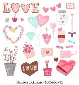 Vector illustration set of elements for st. Valentine's day. Isolated on white background.