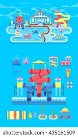 Vector illustration set elements water park, outdoor, with slide, entertainment, fountain, slide in flat style to info graphic