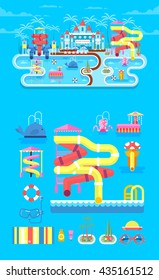 Vector illustration set elements water park, outdoor, with slide, entertainment, fountain, slide in flat style to info graphic