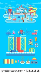 Vector illustration set elements water park, outdoor, with slide, entertainment, fountain, slide in flat style to info graphic
