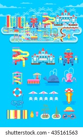 Vector illustration set elements water park, outdoor, with slide, entertainment, fountain, slide in flat style to info graphic