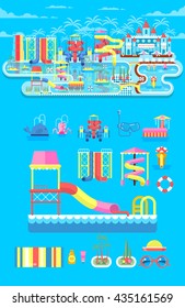 Vector illustration set elements water park, outdoor, with slide, entertainment, fountain, slide in flat style to info graphic