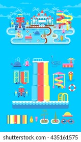 Vector illustration set elements water park, outdoor, with slide, entertainment, fountain, slide in flat style to info graphic