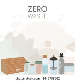 Vector illustration. Set of elements of zero waste lifestyle on light abstract watercolor background. Kitchen. Breadbox, french press, glass jars and bottle, reusable cup, container.