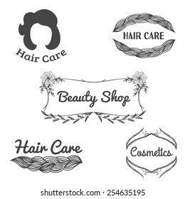 Vector illustration. Set of emblems and frameworks for beauty salons, hairdressers, cosmetics shop