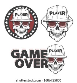 Vector illustration set of emblems or logotype for gaming with skull and cap, isolated on white background