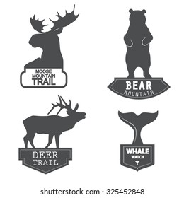 Vector illustration of a set of emblems related to wilderness trips and vocations in simple style