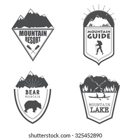 Vector illustration of a set of emblems related to wilderness trips and vocations in simple style