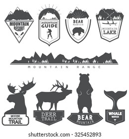 Vector illustration of a set of emblems related to wilderness trips and vocations in simple style