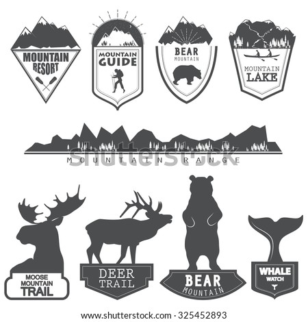 Vector illustration of a set of emblems related to wilderness trips and vocations in simple style