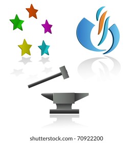 Vector illustration. Set of emblems and symbols with anvil and hammer