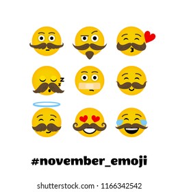 Vector illustration, set of emoji with mustache and beard. November mens health awareness month emoji.