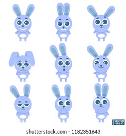 Vector illustration. Set of emoticon icons is a cartoon animal. Emoji cute rabbit. Blue bunny.