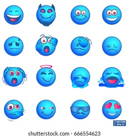 Vector illustration. Set of emoticons icons. Funny blue faces. A package of emoji.
