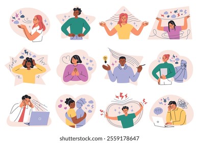 Vector illustration set of emotional states, resilience, stress, gratitude concepts, burnout, balance, focus emotions, creative flow and imposter syndrome. Flat cartoon characters, mental health