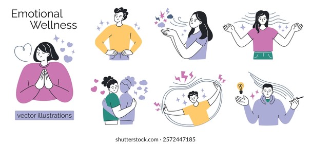 Vector illustration set of emotional wellness, people practicing mindfulness, self care, gratitude, flat cartoon characters showing self acceptence, balance, creative flow and resilience concepts