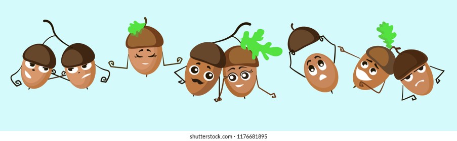 vector illustration, set of emotions, acorns in love, evil laughing, meditating acorns