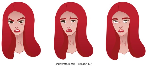 Vector illustration set of emotions of a girl. Stock illustration isolated on white background. Emotions such as anger, sadness, and discontent. Cartoon stickers for social networks, website or print