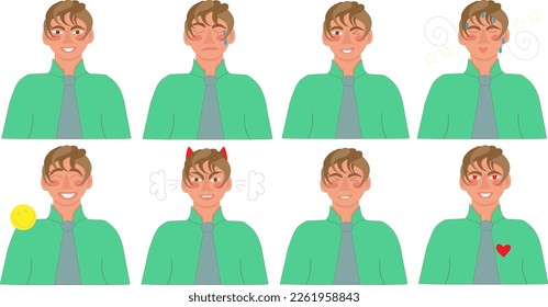 vector illustration set of emotions of a young man