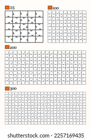 Ilustración vectorial, el conjunto de plantillas de rompecabezas vacías para diferentes formas blancas (25, 100, 200, 300 elementos). Cada parte está en una capa separada, agrupada por forma. Detalles del grupo de reproducción.

