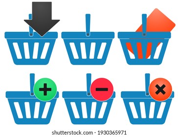 Ilustración vectorial conjunto de cestas vacías de compras en supermercado, tienda online