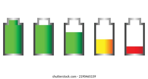 Ilustración vectorial Conjunto de infografías de baterías alcalinas de múltiples niveles y de agotamiento de la energía, ilustración vectorial realista aislada en el fondo. Conjunto de acumuladores de energía eléctrica. adecuado para b
