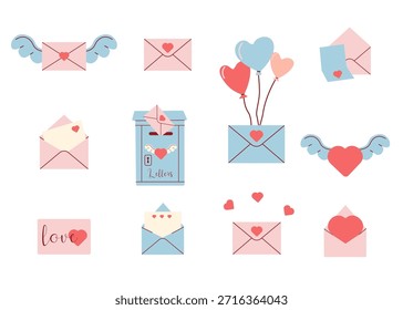  Ilustração vetorial de envelopes e cartas de amor com corações e asas para a celebração do Dia dos Namorados. Design plano bonito com humor romântico, perfeito para cartões de felicitações, convites, cartazes