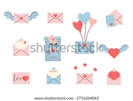  Vector illustration set of envelopes and love letters with hearts and wings for Valentine’s Day celebration. Cute flat design with romantic mood, perfect for greeting cards, invitations, posters