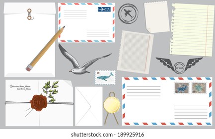 Vector illustration of a set of envelopes and tags and paper for writing letters