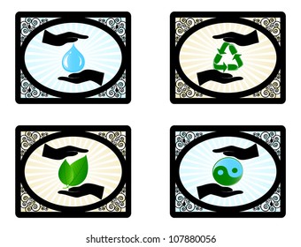 Vector illustration of a set of environment icons with human hands.