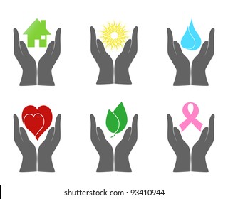 Vector illustration of a set of environment icons with human hands.