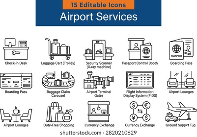 Vector illustration set of essential airport services and terminal icons for travel planning and navigation