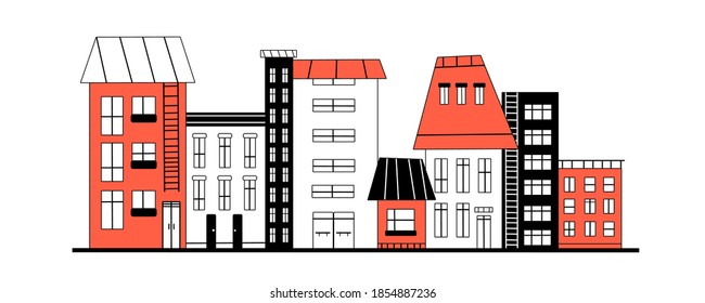 
vector illustration - set of European cozy houses in flat style. Postcard city of old Europe. A row of different houses along the street.Modern cityscape -
three colors. Urban landscape background