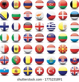 Vector illustration set of european flags. All Europe contries circle button 3d symbol. 