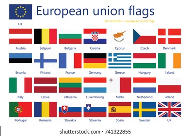 Vector illustration set of european union flags with names. 29 flags+ eu flag.