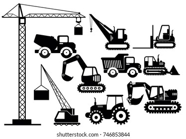 Vector illustration set of excavators and heavy construction machines icons. Silhouette illustration equipment and machinery on white background.