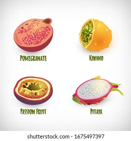 Vector Illustration. Set of exotic tropical fruits on vignette background. Lettering Kiwano, Pitaya, Passion fruit, Pomegranate.