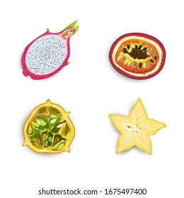 Vector Illustration. Set of exotic tropical fruits on white background. Slices of Kiwano, Pitaya, Passion fruit, Carambola.