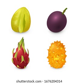 Vektorillustration Illustration. Set exotischer tropischer Früchte auf weißem Hintergrund. Ganze Frucht von Kiwano, Pitaya, Passionsfrucht, Carambola.