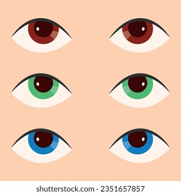 Ilustración vectorial del conjunto de ojos de diferentes colores. Ojos azules, verdes y marrones.