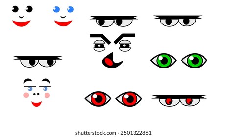 Vector illustration - A set of eyes and faces in different moods. Isolated on a white background.