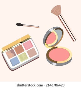 Vector illustration set of face cosmetics. Eye shadow coloured palette, powder, face brush. Banner for makeup artists, beauty salons, cosmetics store. Make-up set. 