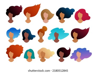 Vector illustration set of faceless female portraits with colorful long hair isolated on white background.