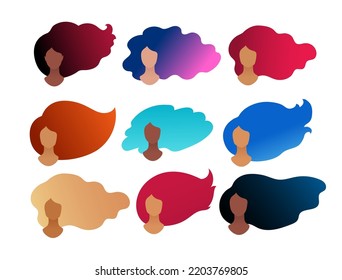 Vector illustration set of faceless female portraits with colorful long hair isolated on white background.