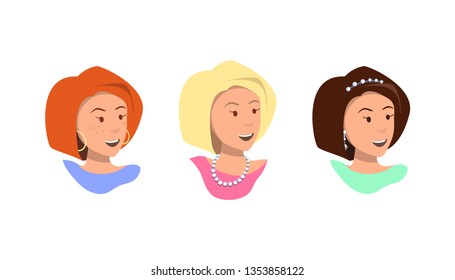 Vector Illustration Set Faces Happy Women Portrait. Healthy Smiles on Faces Young Women Cartoon. Freckles on Girl Face. Stylish Portrait Pretty Girl on White Background. Closeup Three Mothers.