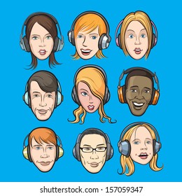 Vector illustration of set of faces with headphones. Easy-edit layered vector EPS10 file scalable to any size without quality loss. High resolution raster JPG file is included.